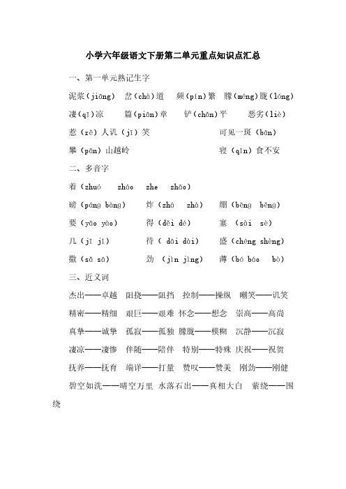 小学六年级语文下册第二单元重点知识点汇总