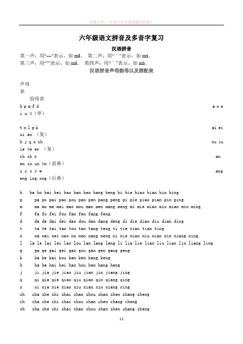 六年级下册语文多音字及拼音复习