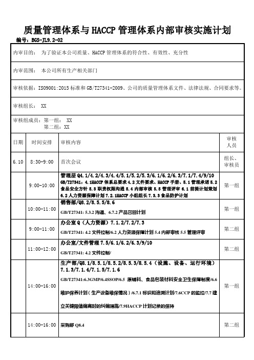 食品公司ISO9001：2015版质量管理体系与HACCP管理体系内部审核实施计划