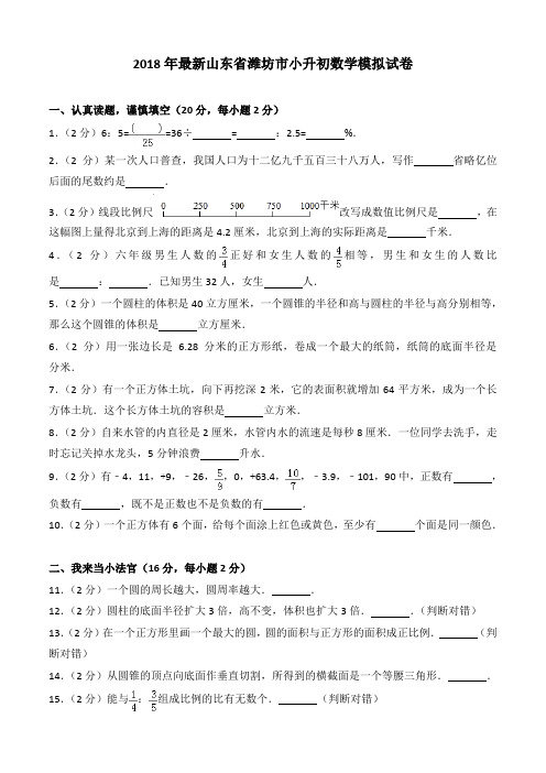 2018年最新山东省潍坊市小升初数学模拟试卷