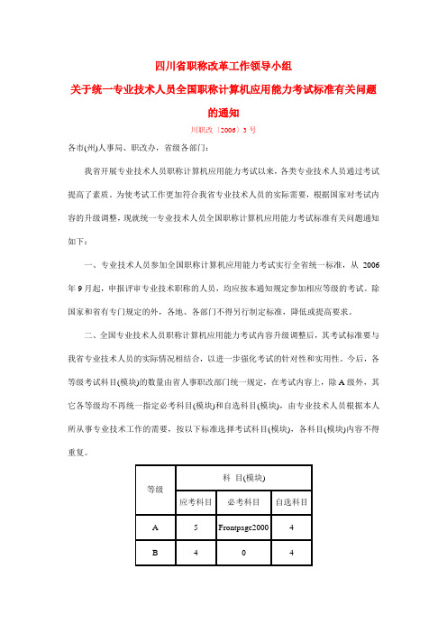 计算机-应用能力考试标准有关问题的通知-川职改〔2006〕3号
