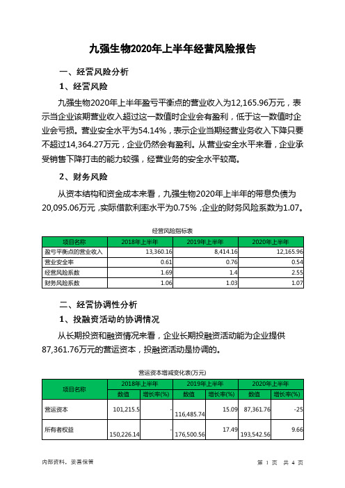 九强生物2020年上半年经营风险报告