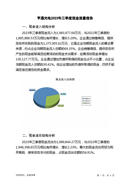 600487亨通光电2023年三季度现金流量报告