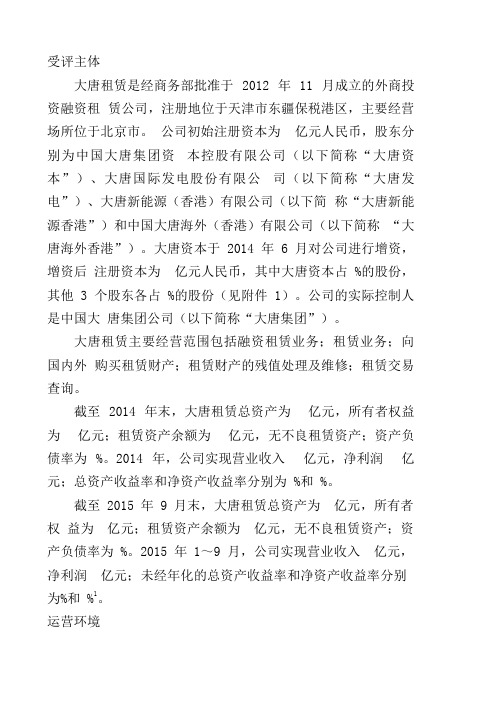 大唐融资租赁公司主体评年级报告