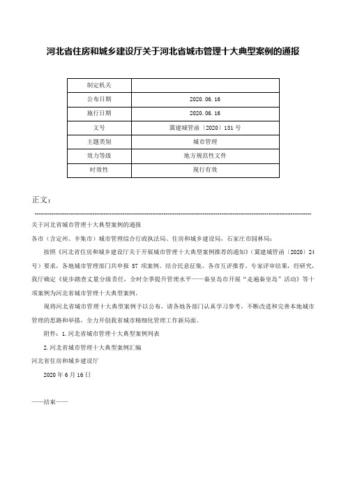 河北省住房和城乡建设厅关于河北省城市管理十大典型案例的通报-冀建城管函〔2020〕131号