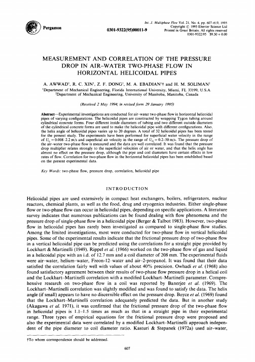 A. Awwad, R.C. Xin, Z.F. Dong, M.A. Ebadian and H.M. Soliman, Measurement and correlation of the pre