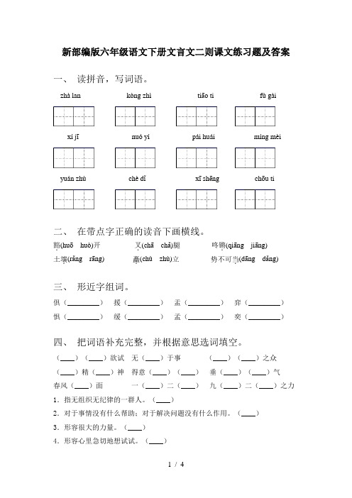 新部编版六年级语文下册文言文二则课文练习题及答案