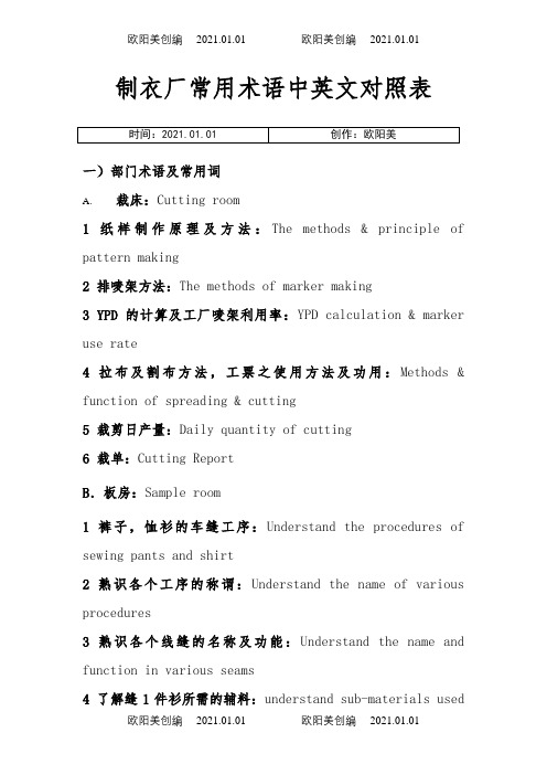 制衣厂常用术语中英文之欧阳美创编