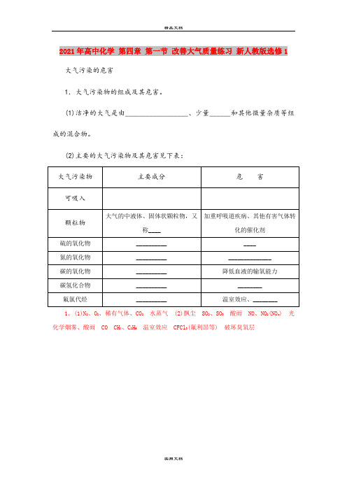 2021年高中化学 第四章 第一节 改善大气质量练习 新人教版选修1