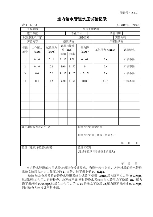 给水管道水压试验记录