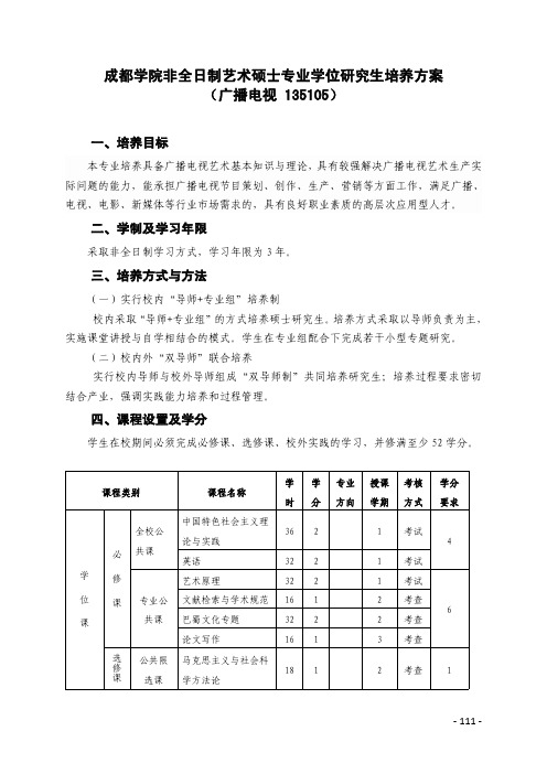 成都学院非全日制艺术硕士专业学位研究生培养方案(广播