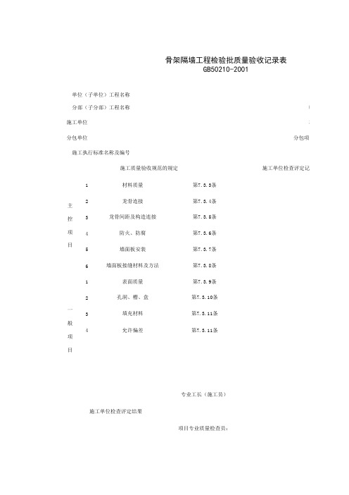 骨架隔墙工程检验批质量验收记录表