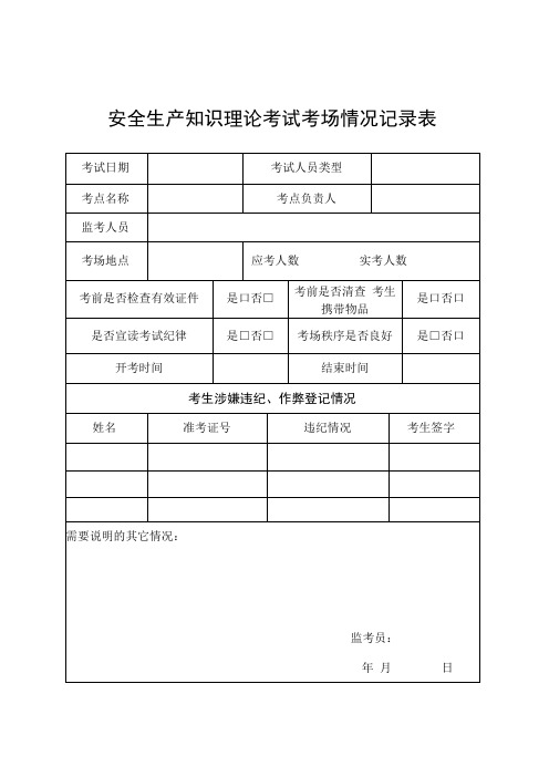 浙江省安全生产知识理论特种作业实操考试考场情况记录表安全生产考试违纪作弊情况记录表