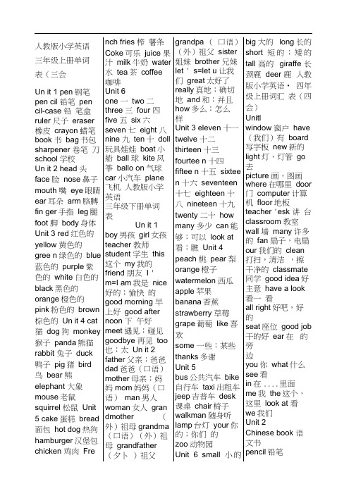 人教版小学英语全部单词表