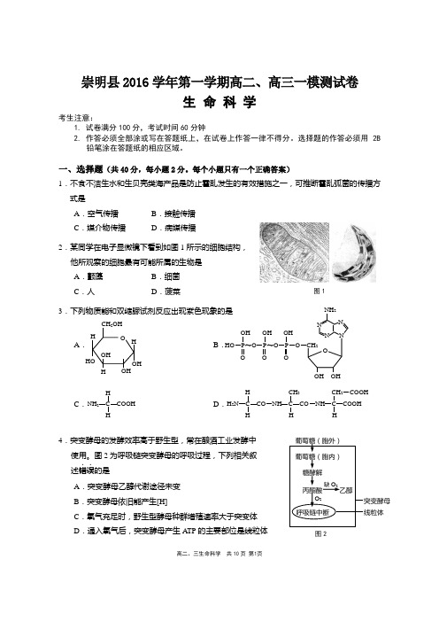 上海市崇明县2016-2017学年高二、高三第一学期一模测试生命科学试卷