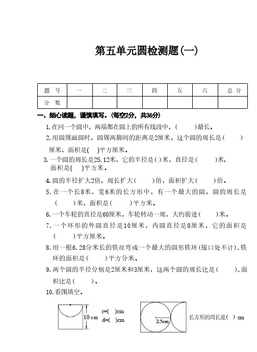 第五单元圆检测题(一)(单元测试)(无答案)2024-2025学年六年级数学上册青岛版(六三制)