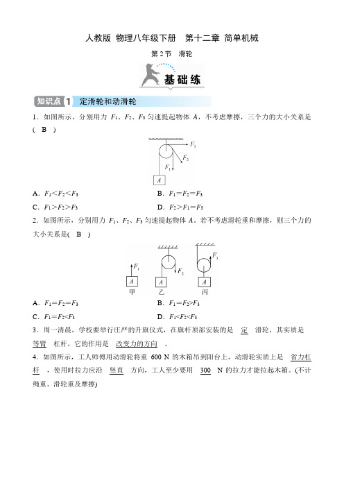 人教版 物理八年级下册课时练  第十二章 简单机械  第2节 滑轮