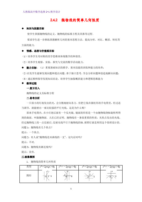 高中数学选修2-1精品教案1：2.4.2 抛物线的简单几何性质教学设计