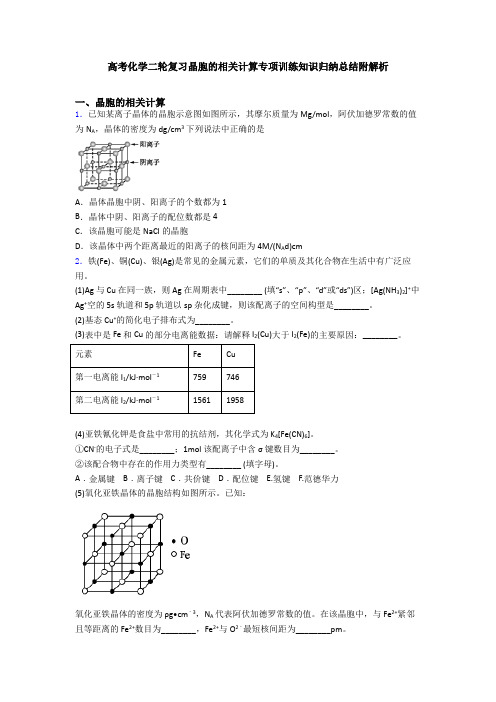 高考化学二轮复习晶胞的相关计算专项训练知识归纳总结附解析