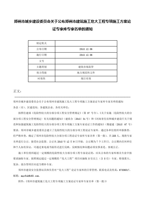 郑州市城乡建设委员会关于公布郑州市建筑施工危大工程专项施工方案论证专家库专家名单的通知-