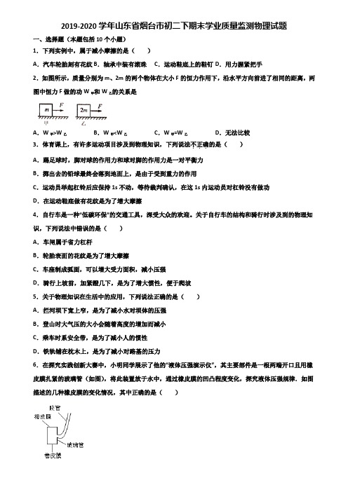 2019-2020学年山东省烟台市初二下期末学业质量监测物理试题含解析