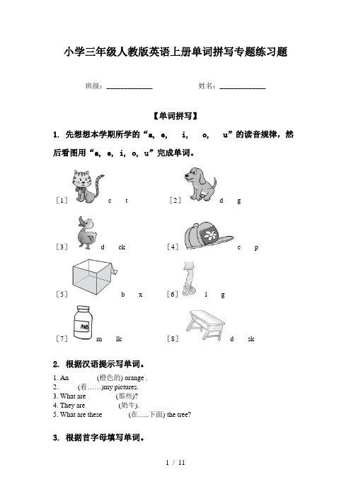 小学三年级人教版英语上册单词拼写专题练习题