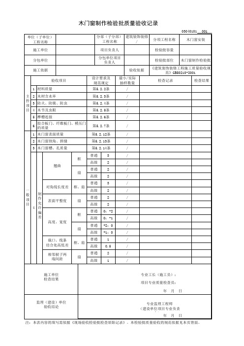 木门窗制作检验批质量验收记录