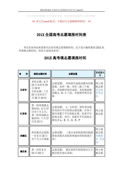 【推荐】201X全国高考志愿填报时间表-范文word版 (4页)