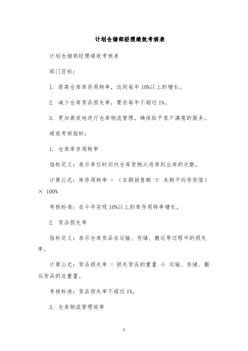 计划仓储部经理绩效考核表