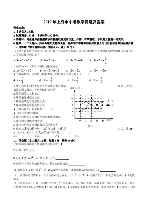 2019年上海市中考数学真题及答案