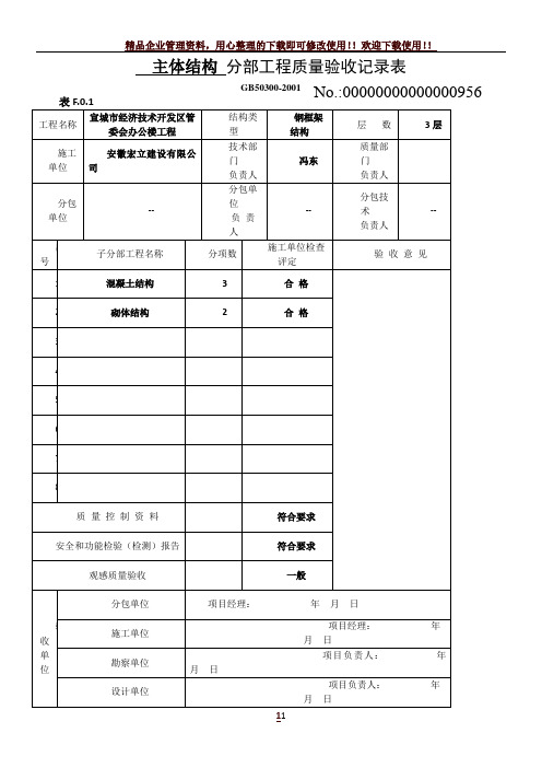 主体分部、分项工程质量验收记录表