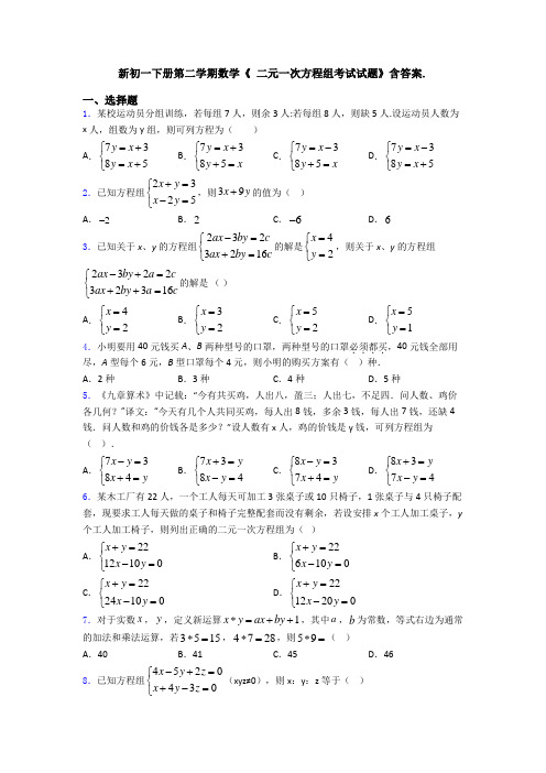 新初一下册第二学期数学《 二元一次方程组考试试题》含答案.