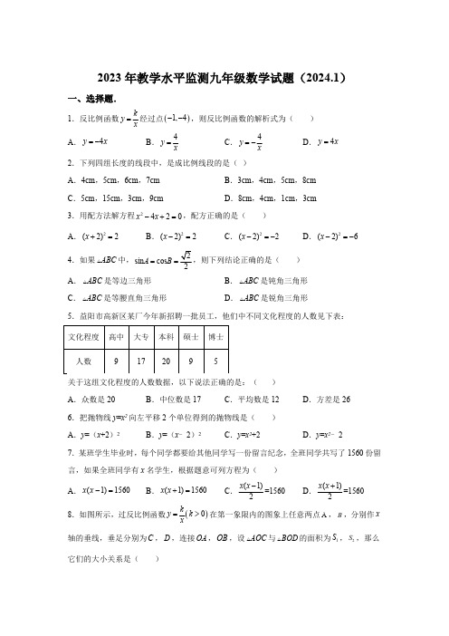 湖南省株洲市炎陵县2023-2024学年九年级上学期期末数学试题(含解析)