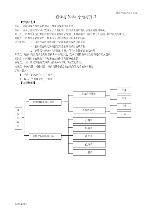 必修2第三章直线与方程小结与复习教案