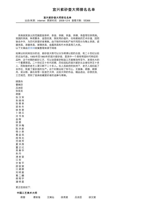 宜兴紫砂壶大师排名名单