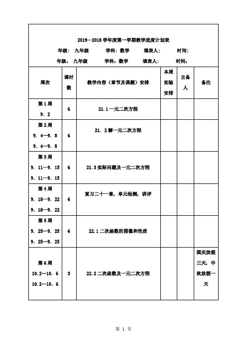 九年级数学教学进度计划表1