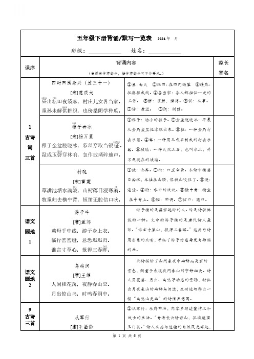 五年级下册背诵默写一览表