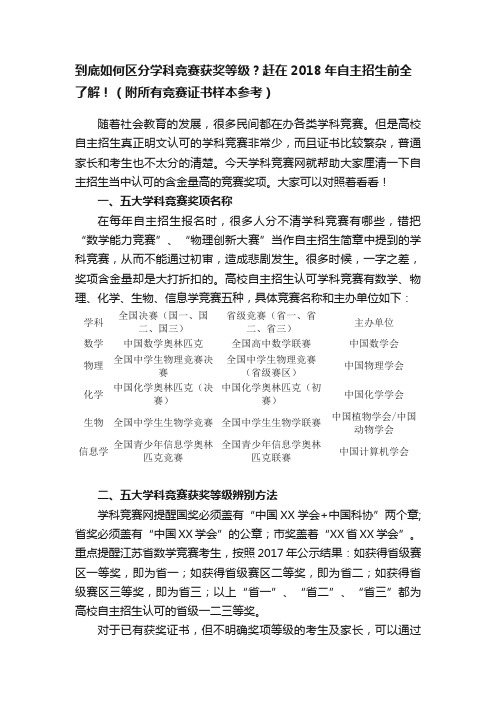 到底如何区分学科竞赛获奖等级？赶在2018年自主招生前全了解！（附所有竞赛证书样本参考）