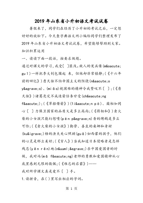 山东省小升初语文考试试卷-精选学习文档