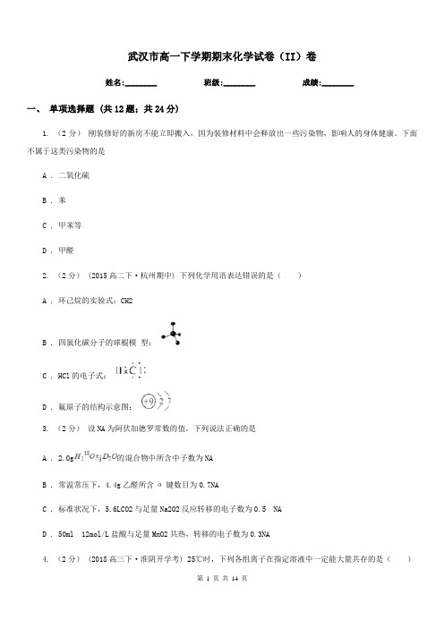 武汉市高一下学期期末化学试卷(II)卷(模拟)