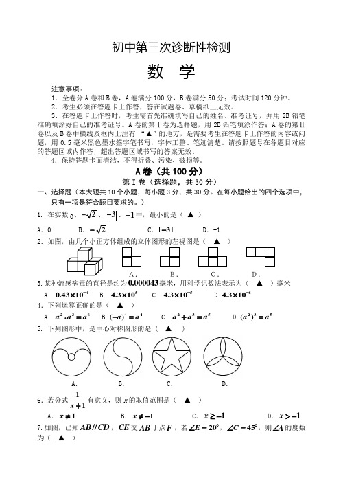 四川省2019-2020年初三第三次诊断性检测数学试题及答案