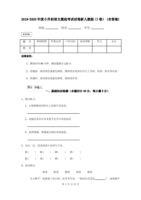 2019-2020年度小升初语文摸底考试试卷新人教版(I卷) (含答案)