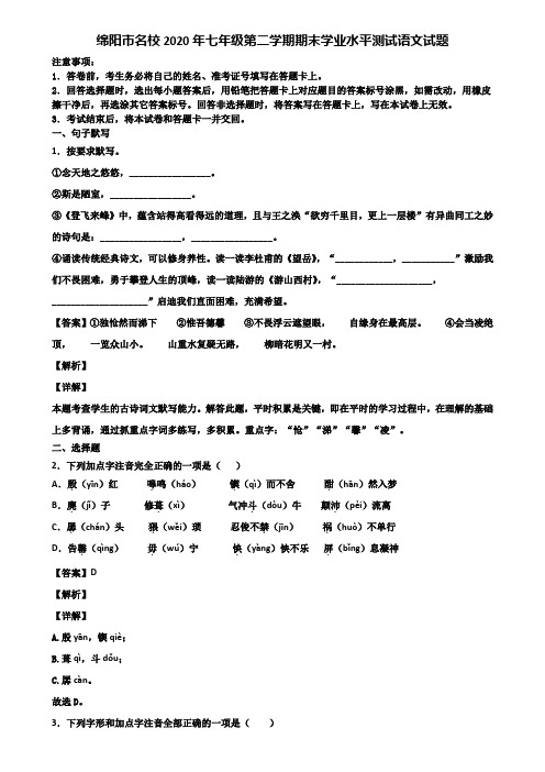 绵阳市名校2020年七年级第二学期期末学业水平测试语文试题含解析