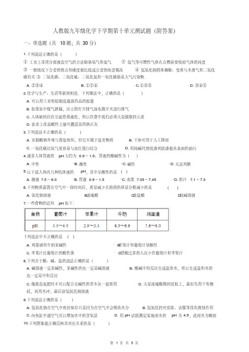 人教版九年级化学下学期第十单元测试题(附答案)