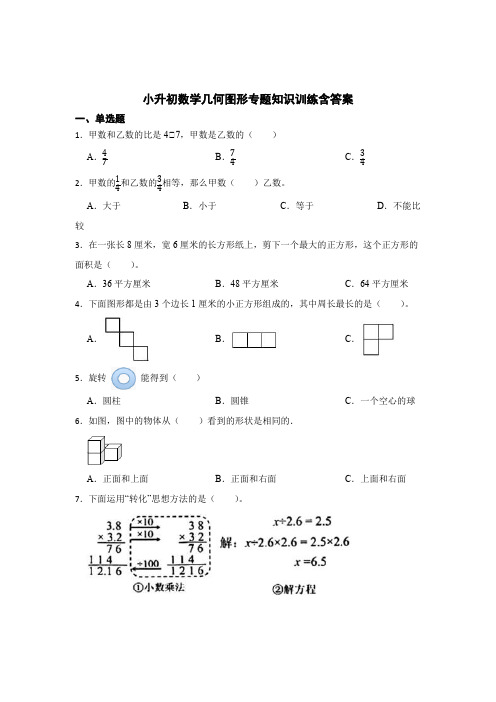 小升初数学几何图形专题训练含参考答案(精选5篇)