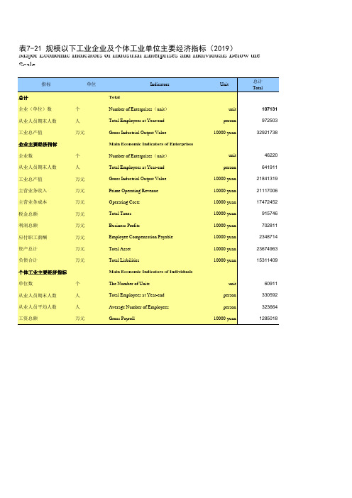 宁波统计年鉴2020：规模以下工业企业及个体工业单位主要经济指标(2019)