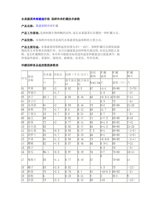 保鲜冷库贮藏技术参数