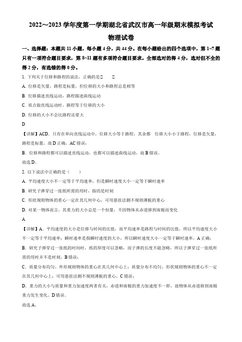 湖北省武汉市2022-2023学年高一上学期期末模拟考试物理试题带讲解