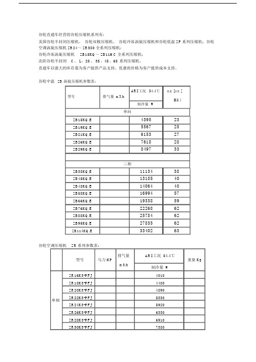 谷轮压缩机参数标准表格.doc