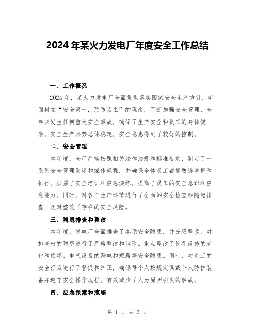 2024年某火力发电厂年度安全工作总结